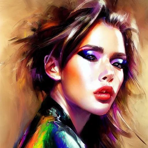 Prompt: electric woman, cute - fine - face, pretty face, oil slick hair, realistic shaded perfect face, extremely fine details, realistic shaded lighting, dynamic background, michael garmash, artgerm