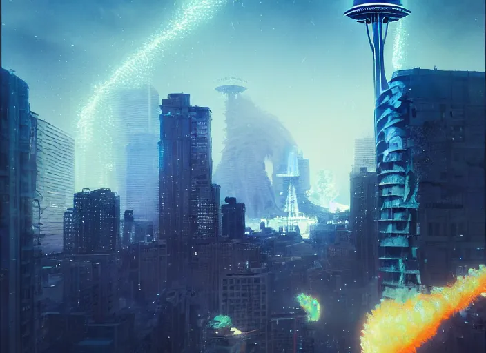 Prompt: seattle being attacked by a giant, by beeple and maciej kuciara and greg rutkowski