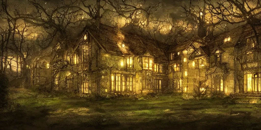 Prompt: manor in the middle of the forest, at night, light flowing through the windows, manga, fantasy