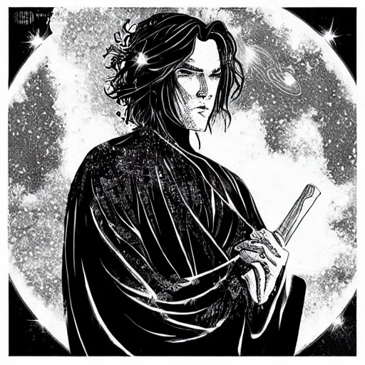 Image similar to black and white pen and ink!!!!!!! Ewan McGregor wearing cosmic space robes made of stars final form flowing royal hair golden!!!! Vagabond!!!!!!!! floating magic swordsman!!!! glides through a beautiful!!!!!!! Camellia flower battlefield dramatic esoteric!!!!!! Long hair flowing dancing illustrated in high detail!!!!!!!! by Moebius and Hiroya Oku!!!!!!!!! graphic novel published on 2049 award winning!!!! full body portrait!!!!! action exposition manga panel black and white Shonen Jump issue by David Lynch eraserhead and beautiful line art Hirohiko Araki!! Rossetti, Millais, Mucha, Jojo's Bizzare Adventure