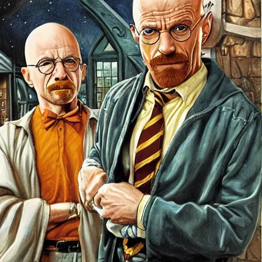 Image similar to Harry Potter and Walter White, artwork by Earl Norem,