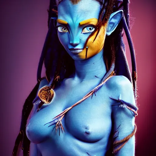 Image similar to a blue - skinned female navi from avatar wrapped in barbed wire suspended in the air, cosplay, body paint, high resolution film still, hdr color, movie by james cameron