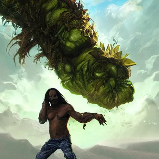 Prompt: snoop dog as hulk fights giant ganja plant, highly detailed, concept art, art by wlop and artgerm and greg rutkowski, masterpiece, trending on artstation, 8 k