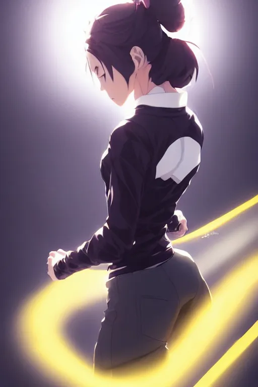 Image similar to black ponytail hair, pale woman in a black zipper jacket, yellow eyes, by artgerm, hair tied in a ponytail, white backdrop, soft lighting, fighting pose, dynamic angle, by greg rutkowski makoto shinkai takashi takeuchi