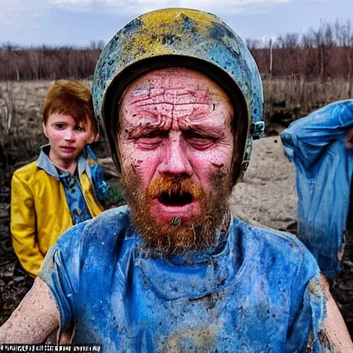 Image similar to radiation eats a ukrainian and his children alive wild pain and desperate selfies, everyone is dressed in dirty blue - yellow rags against the backdrop of a huge nuclear explosion from which the skin has already burned to the bone