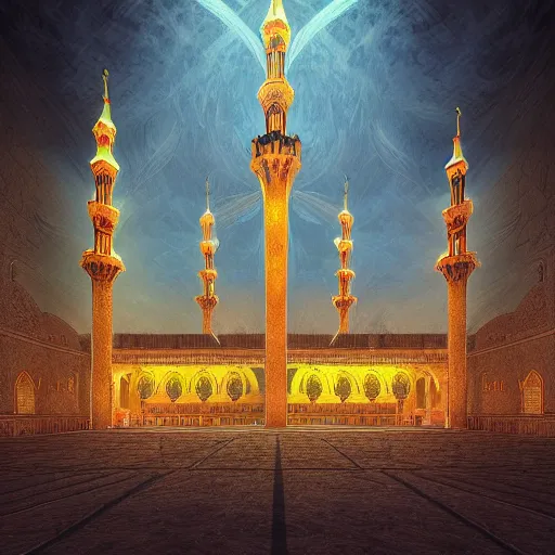 Image similar to Photorealistic demonic mosque in the style of architectural by Michael Whelan and Gustave Dore. Hyperdetailed photorealism, 108 megapixels, amazing depth, glowing rich colors, powerful imagery, psychedelic Overtones, 3D finalrender, 3d shading, cinematic lighting, artstation concept art