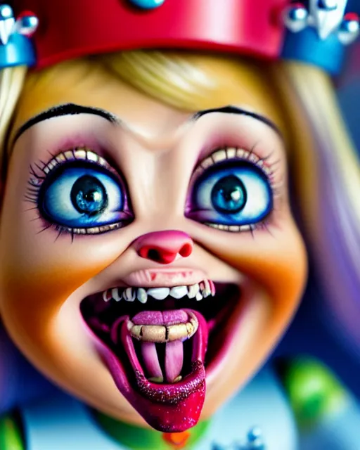 Image similar to closeup profile portrait of a tin toy ivanka trump screaming as a sith lord fairytale princess chucky doll wearing a crown and eating cakes, bikini, hyper realistic, artstation, illustration, nicoletta ceccoli, mark ryden, lostfish, max fleischer, digital paint, matte paint, vivid colors, bright, cheerful, detailed and intricate environment