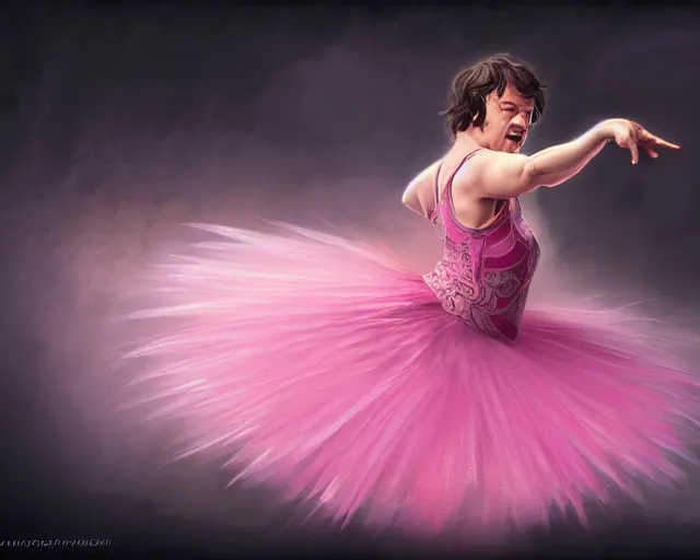 Image similar to photography of jack black dancing in a pink ballerina outfit, full body shot, deep focus, d & d and mtg, fantasy, intricate, elegant, highly detailed, digital painting, artstation, concept art, matte, sharp focus, illustration, hearthstone, art by artgerm and greg rutkowski and alphonse mucha