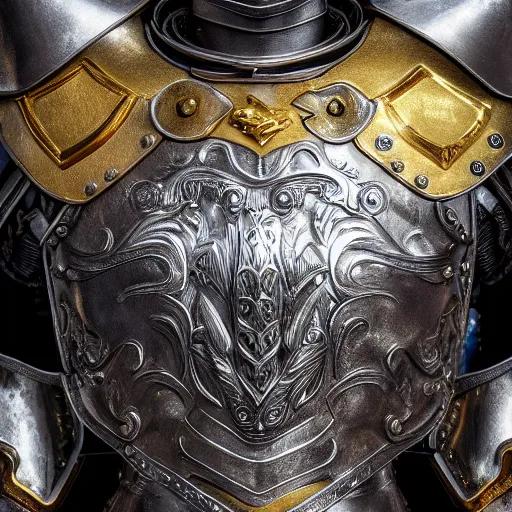 Image similar to fantasy art 4 k macro photo of rooster king in very detailed shiny plate armor engraved in gold ready for battle