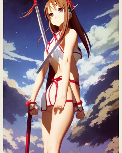 Prompt: photo of asuna from sao, asuna by a - 1 pictures, by greg rutkowski, gil elvgren, alberto vargas, earl moran, art frahm, enoch bolles, glossy skin, pearlescent, anime, maxim magazine,