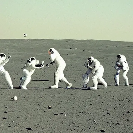 Prompt: a team of astronauts playing cricket on the moon. low gravity environment