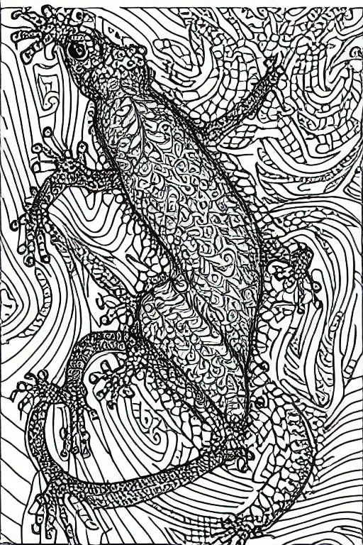 Image similar to lizard, ornaments, fractal, ink drawing, line art colouring page