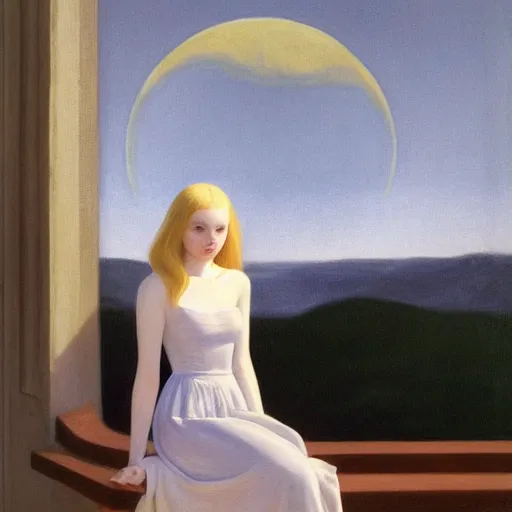 Prompt: Painting of Elle Fanning in the ringed city during the eclipse, long blonde hair, delicate, pale milky white porcelain skin, by Edward Hopper. 8K. Extremely detailed.