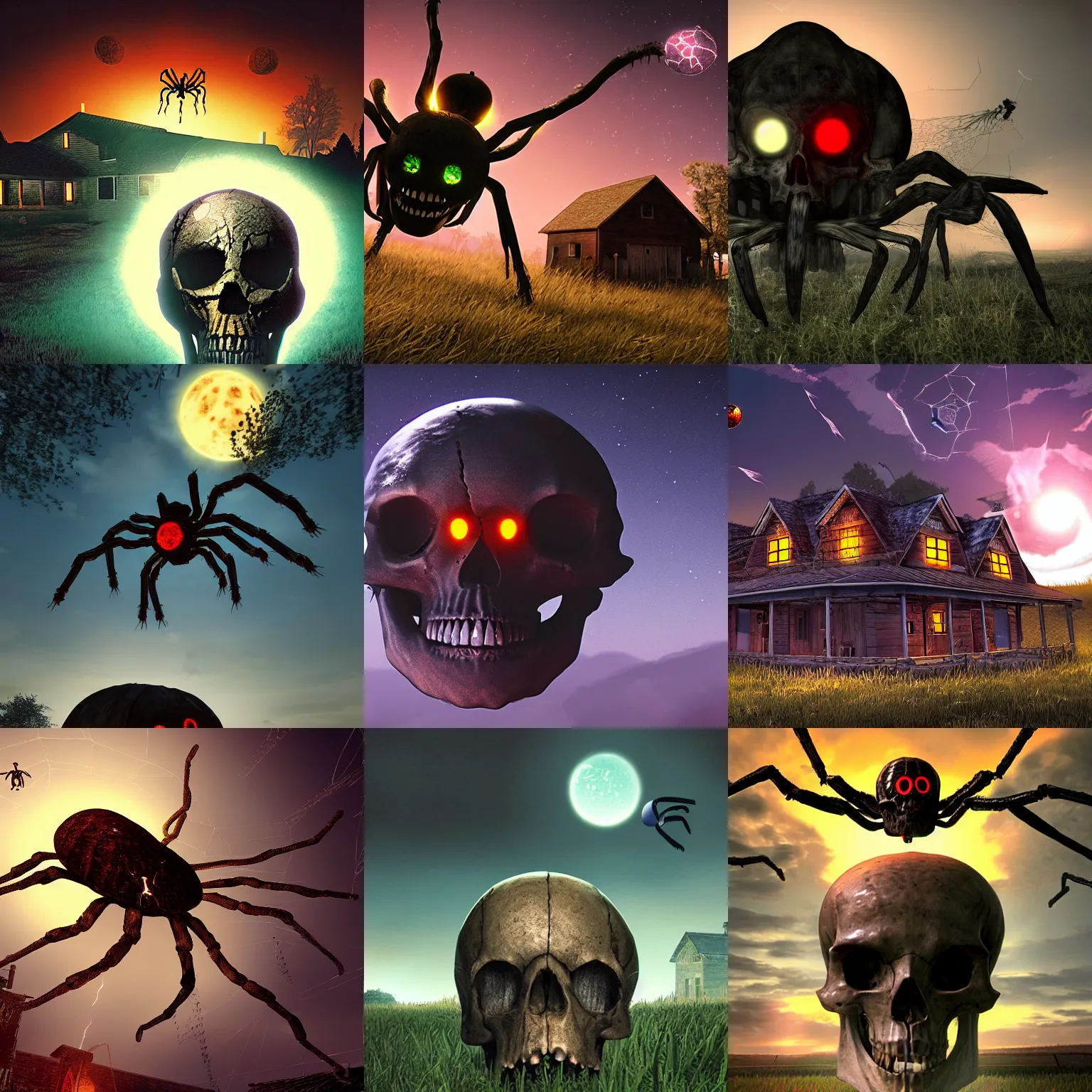 Prompt: giant skull spider with glowing eyes, hovering over a farmhouse at dusk, PC boxart