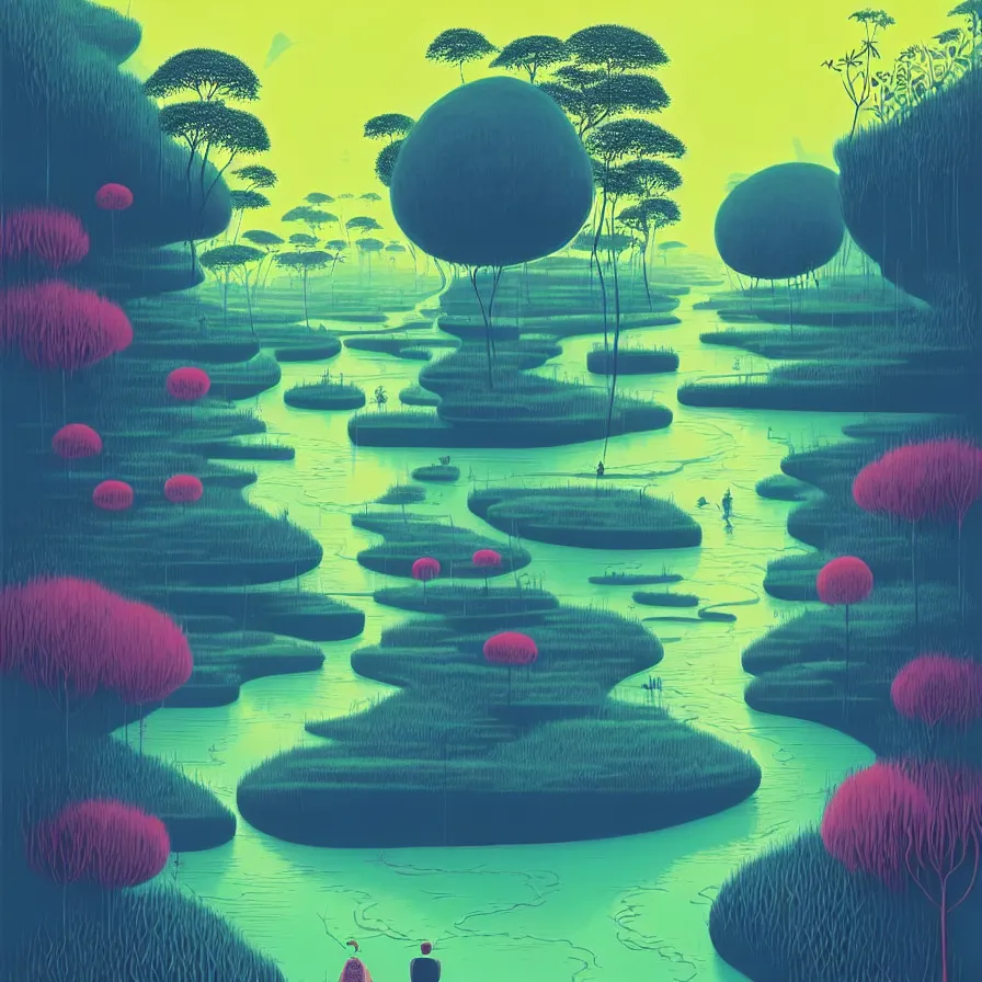 Image similar to ( ( ( gediminas pranckevicius ) ) ), river flow through borneo jungle, summer morning, very coherent and colorful high contrast art by james gilleard floralpunk screen printing woodblock, dark shadows, pastel color, hard lighting