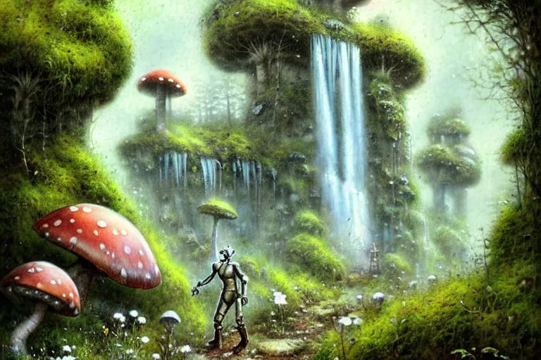 Image similar to adventurer 1 9 5 0 s retro future robot android primate in forrest of giant mushrooms, moss and flowers stone bridge waterfall. muted colors. by jean baptiste monge