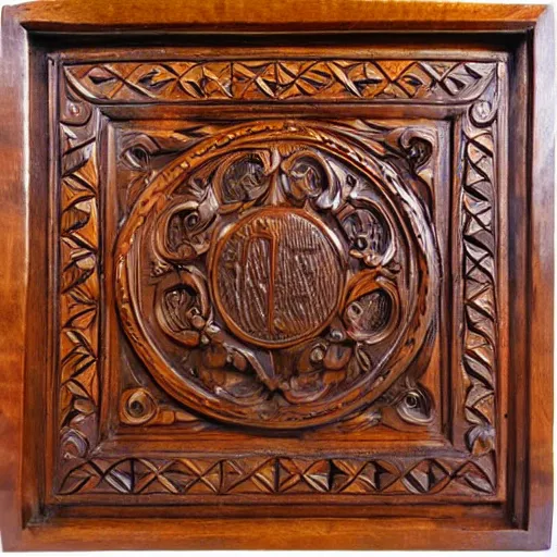 Prompt: Anglo-Saxon, intricate wood carving, colour stained, rich woodgrain, lacquer finish