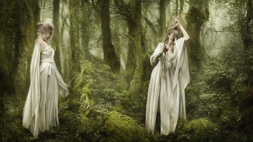 Prompt: hyper realistic photography fantasy portrait of a female priestess in robe in a fantasy forest with fairies and dryads by Karolina Kuras, annie liebowitz