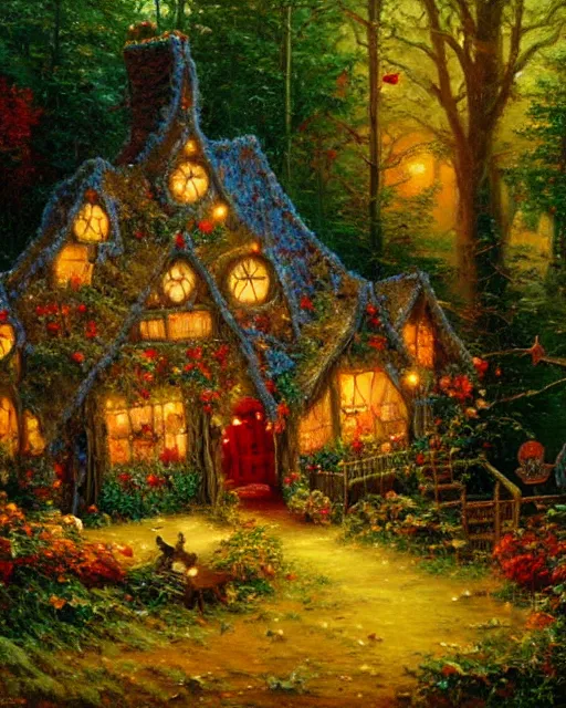 Image similar to an oil painting of a candy - covered gingerbread witch's house in the forest, by thomas kincade, ivan shiskin, and james gurney