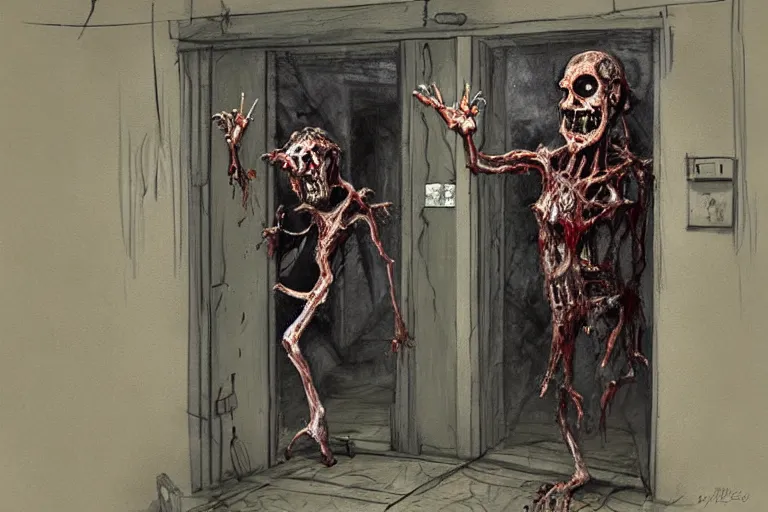 Prompt: a painting of a zombie coming out of a door, concept art by dave melvin, featured on deviantart, fantasy art, concept art, grotesque, creepypasta