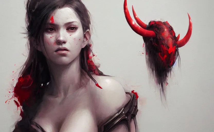 Image similar to a painting of aki trending on artstation in the style of greg rutkowski, beautiful, sensual, natural skin, red horns on head, long black hair