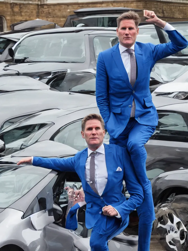 Prompt: Sir Kier Starmer wearing a blue suit jumping on top of a toyota yaris