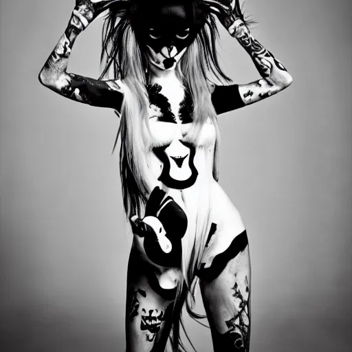 Image similar to photoshoot die antwoord black and white freaky alien