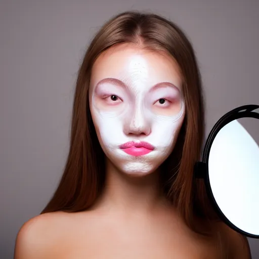 Prompt: professional studio photo of a young girl with too much work done to her face, plastic surgery gone wrong, 8 k, 4 k, 6 4 megapixel, ring light, blurred background