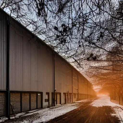 Prompt: industrial warehouse with a winter forest growing side of it, bright lights above seeping through the leaves