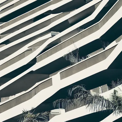 Image similar to noisy color photograph of a concrete underground retrofuturist liminal space, staggered terraces, palm tree growing out of concrete, deformations, minimalist, cinematic, soft vintage glow