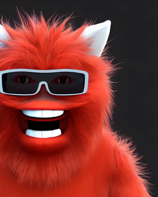 Prompt: 3 d render of completely red hairy friendly creature smiling wearing chrome shades, full body, simple, cute, white background, unreal engine 5 hdr