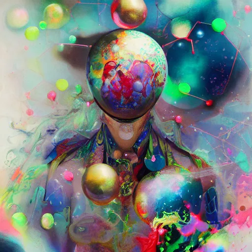 Prompt: surreal gouache painting, yoshitaka amano, ruan jia, conrad roset, bubbles, orbs, incredibly detailed, of floating molecules and a mannequin artist holding an icosahedron with stars, clouds, and rainbows in the background, retrowave, modular patterned mechanical costume headpiece, artstation masterpiece, minimalistic