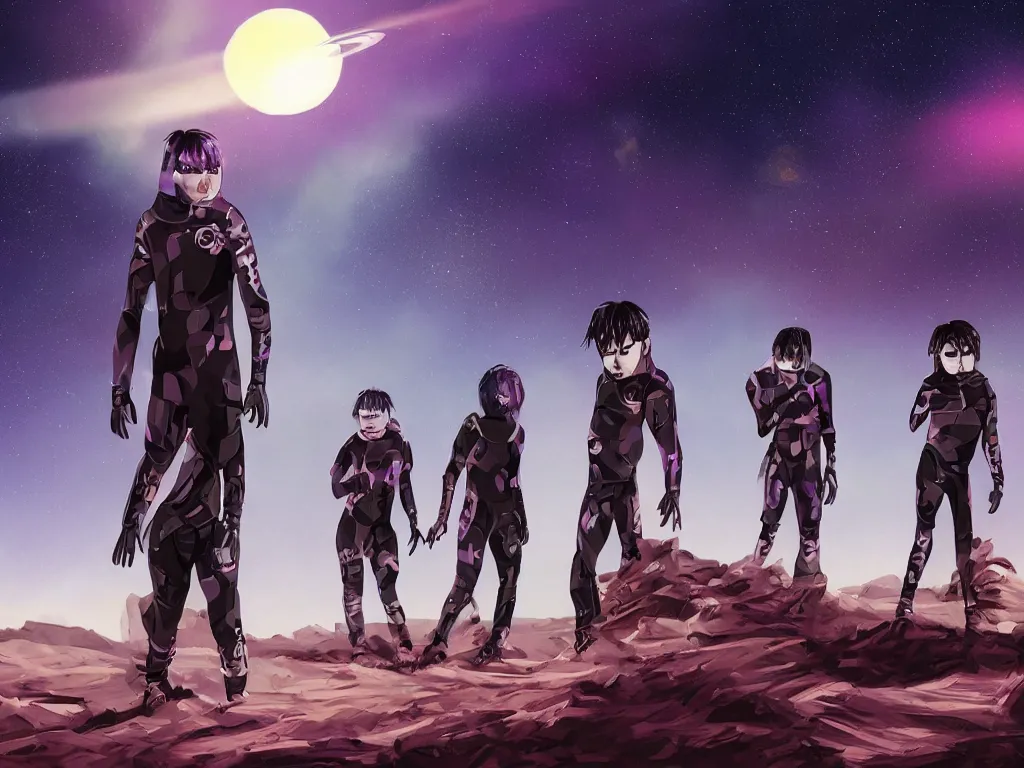 Prompt: portrait of some frightened overweight emo teenagers with emo haircuts wearing gothy purple and black space spandex suits, no helmets, standing next to a burning spacecraft, on the rocky surface of mars, sunset, sand storm approaching, highly detailed, digital painting, artstation, concept art, smooth, sharp focus, illustration