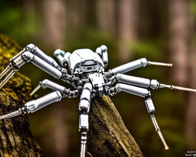 Image similar to photo of a white terminator spider with heavy duty biomechanical hydraulic cybernetic body with antennas and visor cogs and gears and components in the forest. cyberpunk horror style. highly detailed 8 k. intricate. nikon d 8 5 0 5 5 mm. award winning photography.