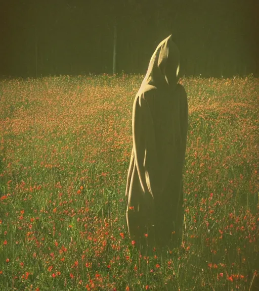 Image similar to tall hooded shadow person figure standing in beautiful meadow of flowers, film photo from 1970s, grainy, high detail, high resolution