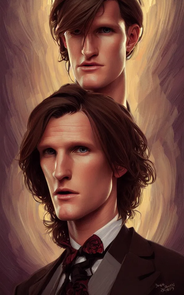 Image similar to symmetry portrait of matt smith, intricate, elegant, highly detailed, digital painting, artstation, concept art, smooth, sharp focus, illustration, art by artgerm and greg rutkowski and alphonse mucha