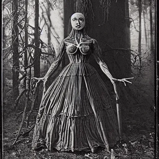 Image similar to 1860 photo of an old freak show body spider-woman, on the middle of a forest, spooky , veins, arteries, intricate, golden ratio, full frame, elegant, highly detailed, ornate, ornament, sculpture, elegant , luxury, beautifully lit, ray trace, 3d, PBR