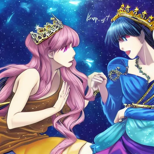 Image similar to a scene of two beautiful queens fighting over the throne, detailed anime art