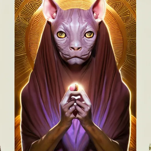 Image similar to godlike sphynx cat, animal sphynx cat, anthropomorphic sphynx cat, deity, holy robes, holy light aura, ultra details, art by artgerm, dwayne barlowe, trending on artstation and greg rutkowski and alphonse mucha, 8 k