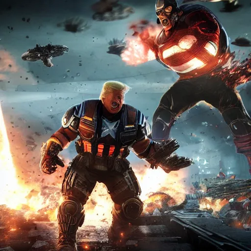 Image similar to Portrait! of President Donald Trump as ((captain america)) in Gears of War, splash art, movie still, cinematic lighting, dramatic, octane render, long lens, shallow depth of field, bokeh, anamorphic lens flare, 8k, hyper detailed, 35mm film grain