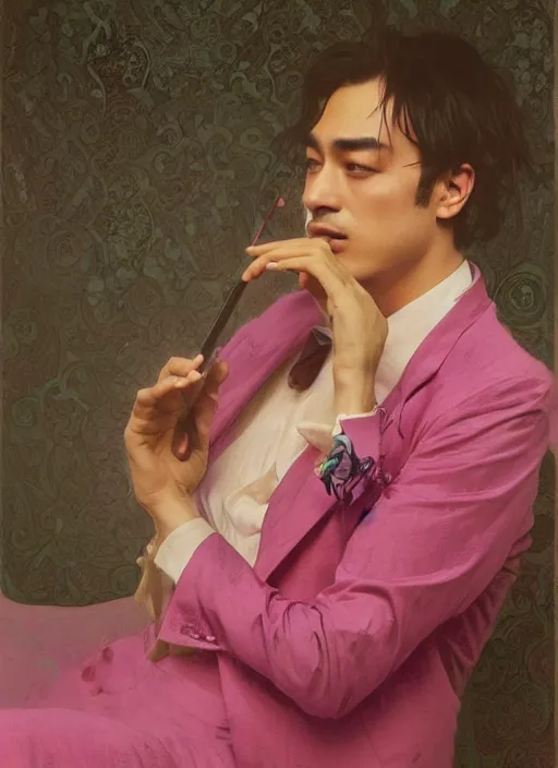 Image similar to JOJI wearing a pink suit elegant suit, singing in the dark, close-up, nighttime, portrait art by alphonse mucha and greg rutkowski, highly detailed, digital painting, concept art, illustration, dim lighting with twilight rays of sunlight, trending on artstation, very detailed, smooth, sharp focus, octane render, close up