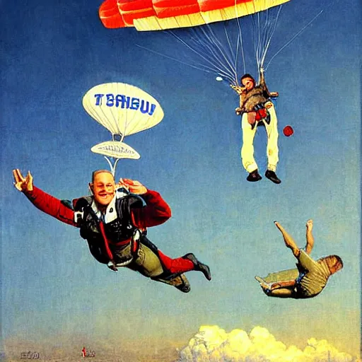 Prompt: benjamin netanyahu skydiving, plane in background, by norman rockwell and michael cheval