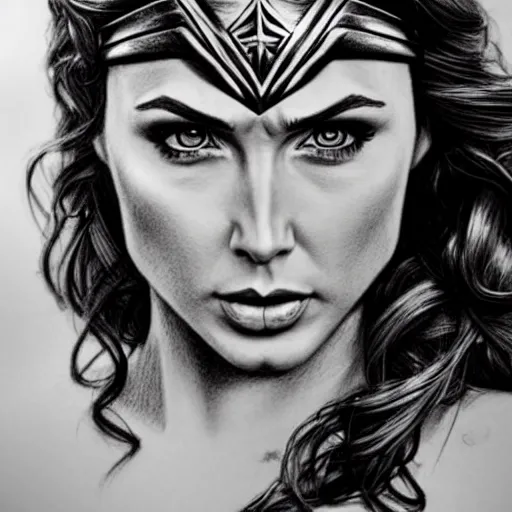 Image similar to highly detailed pencil sketch of wonder woman, hyperrealistic, photorealistic, artstyle, highly detailed, sharp