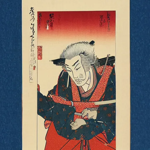 Image similar to Japanese woodblock print of geralt of rivia holding a samurai sword , cherry blossom, Hokusai