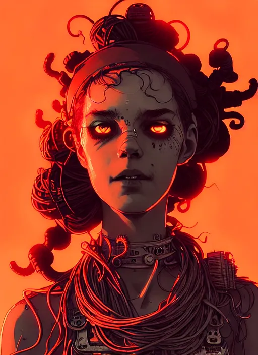 Image similar to highly detailed portrait of wasteland punk long curly fire hair tribal lady, stray wiring by atey ghailan, james gilleard, by joe fenton, by greg rutkowski, by greg tocchini, by kaethe butcher, 4 k resolution, gradient red, orange, black and white color scheme!!! ( ( burning flaming robotic dystopian city background ) )