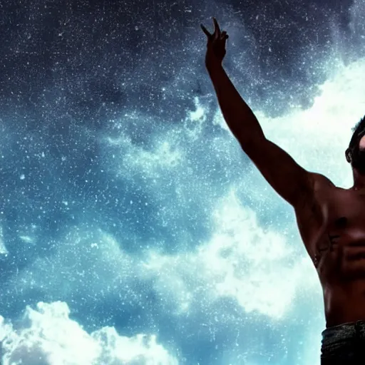 Image similar to A handsome Latino god floating with his arms up, his eyes glowing yellow, casually dressed, his head glowing blue ominously. Shot from below, photorealistic, ominous and apocalyptic dark sky.