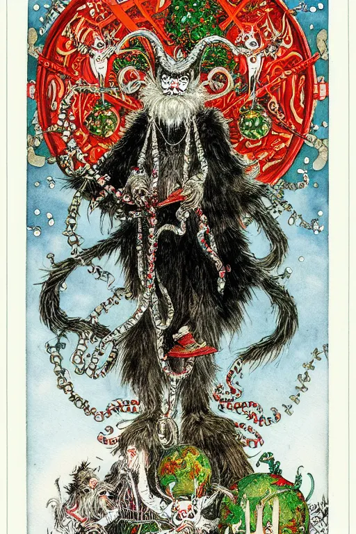 Image similar to victorian gruss vom krampus in the center of a frame made of christmas ornaments, art by kay nielsen and walter crane, illustration style, watercolor