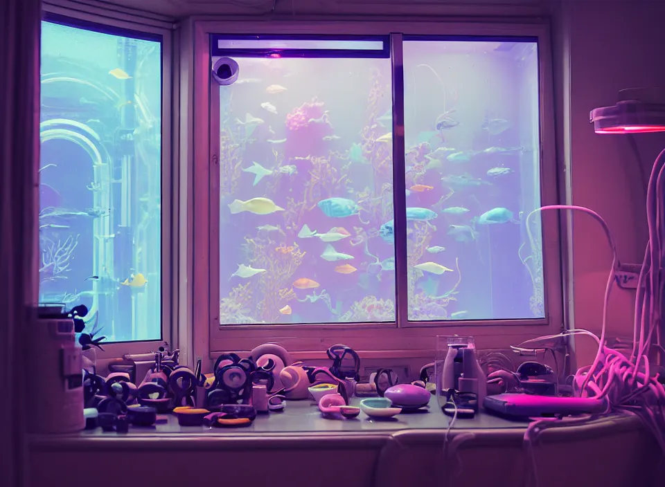 Image similar to telephoto 7 0 mm f / 2. 8 iso 2 0 0 photograph depicting the feeling of power in a cosy cluttered french sci - fi ( art nouveau ) pale cyberpunk apartment in a pastel dreamstate art cinema style. ( aquarium, gym, window ( city ), led indicator, lamp ( ( ( gym ) ) ) ), ambient light.