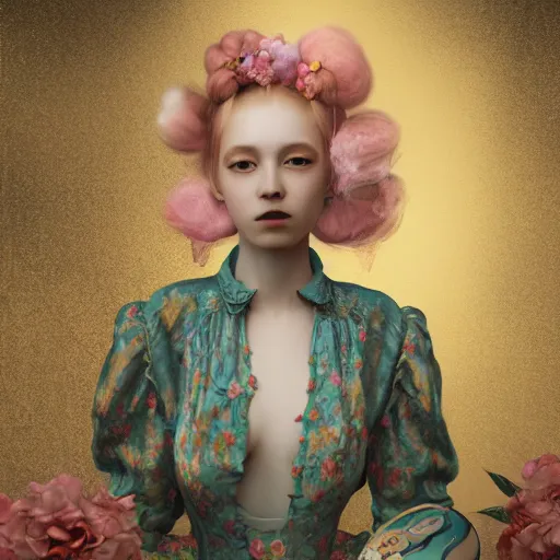 Prompt: 8 k, octane render, realism, tonalism, renaissance, rococo, baroque, portrait of a young - lady wearing long - harajuku manga - dress with flowers!!! and skulls, background - chaotic gold leaf flowers, cotton candy!!!!