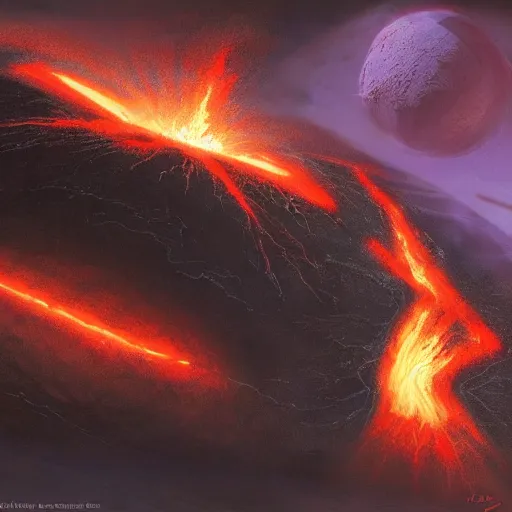 Image similar to a volcanic planet concept art by Doug Chiang
